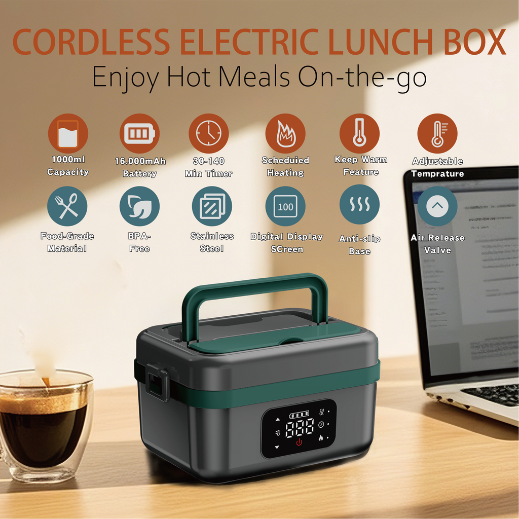 Cordless Electric Lunch Box for Adults, Men & Women, Heated Lunch Box Battery Powered with 1L Container, Self-Heating Lunch Box Rechargeable for Car/Truck/Office/Travel