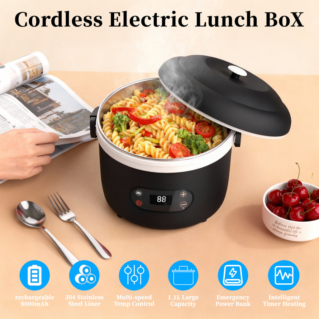 Rechargeable heated lunch box for office workers, with a separate inner liner for insulation, portable, water-free, car-mounted electric lunch box