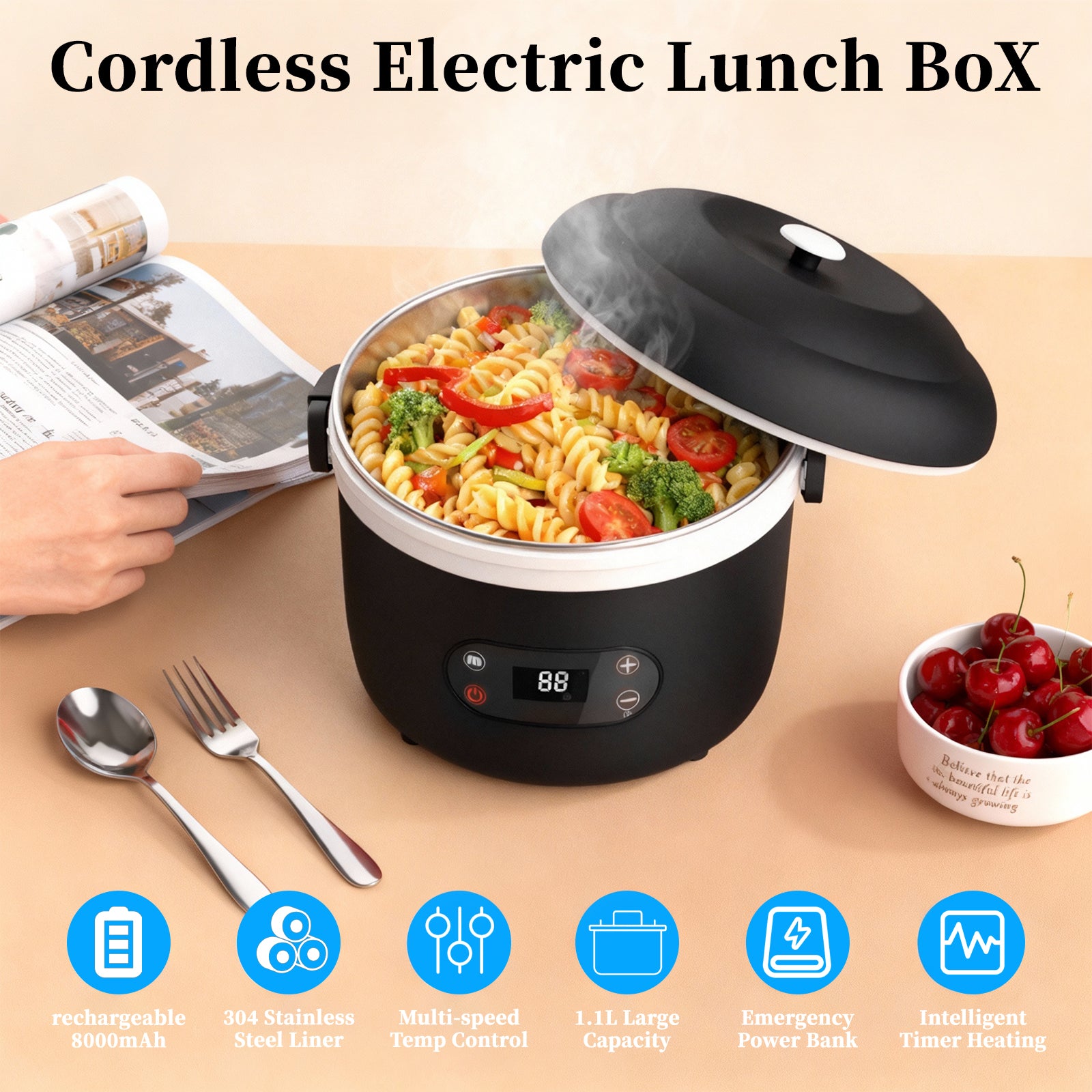 Rechargeable heated lunch box for office workers, with a separate inner liner for insulation, portable, water-free, car-mounted electric lunch box
