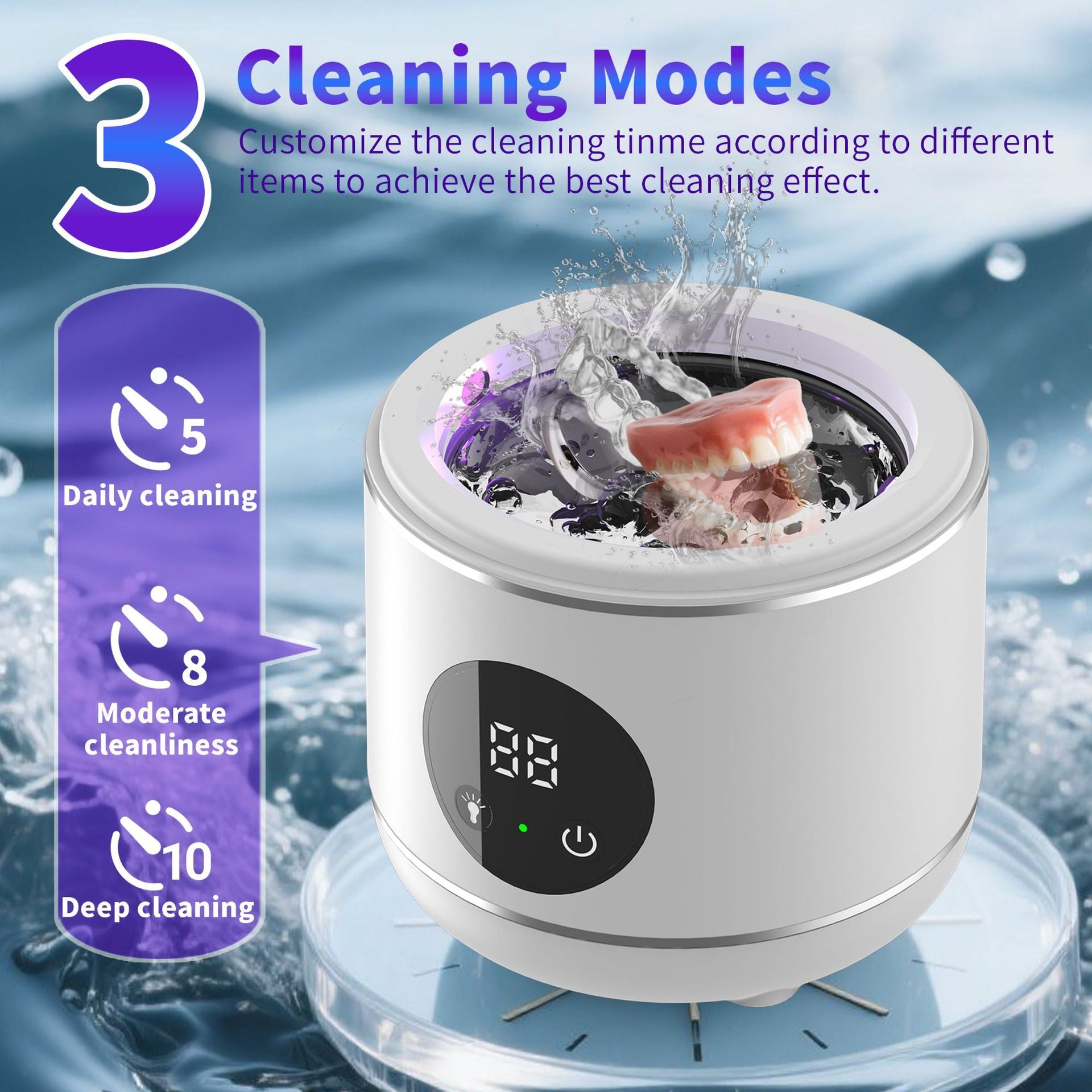 Portable Ultrasonic Jewelry Cleaner with UV Light – Deep Clean Dentures, Glasses & Watches in Minutes
