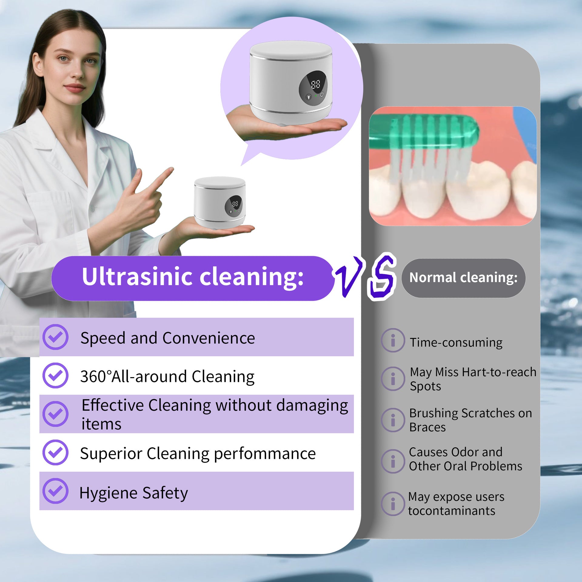 Portable Ultrasonic Jewelry Cleaner with UV Light – Deep Clean Dentures, Glasses & Watches in Minutes