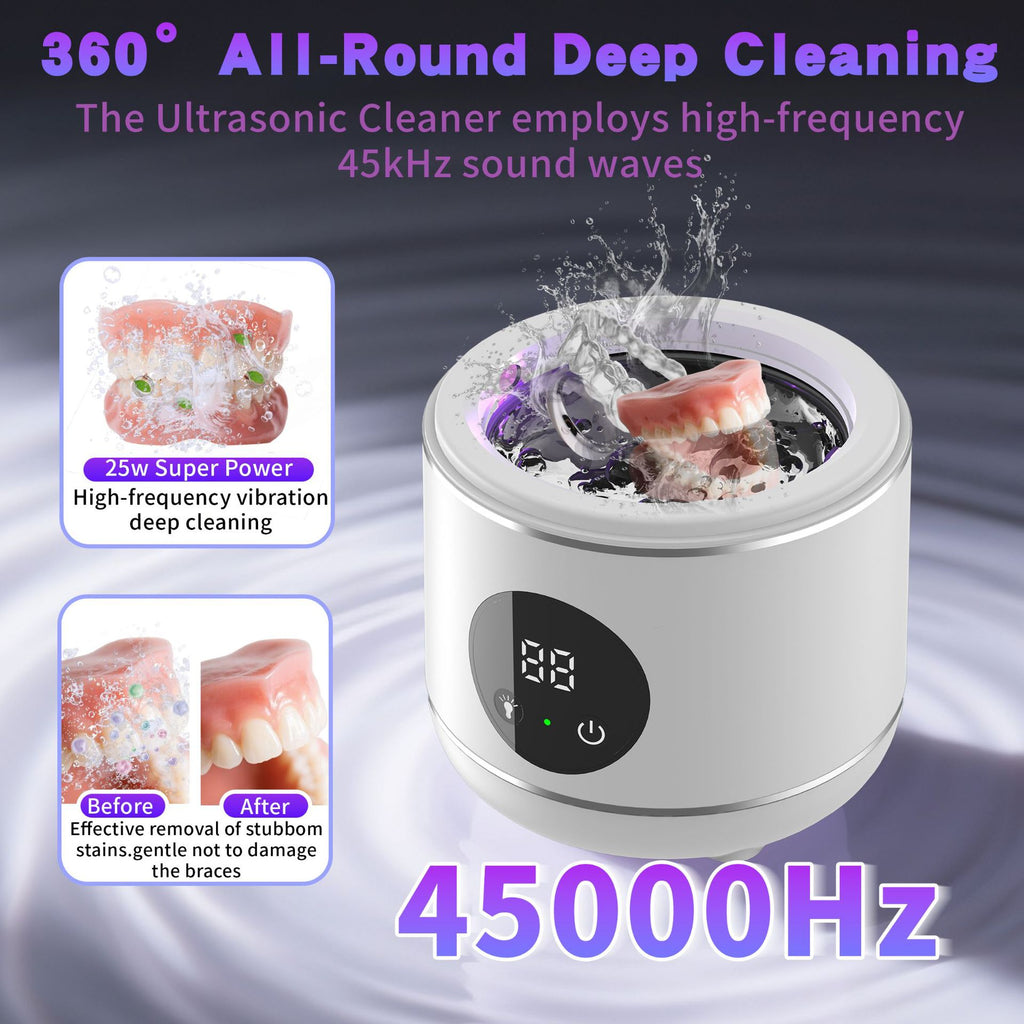 Portable Ultrasonic Jewelry Cleaner with UV Light – Deep Clean Dentures, Glasses & Watches in Minutes