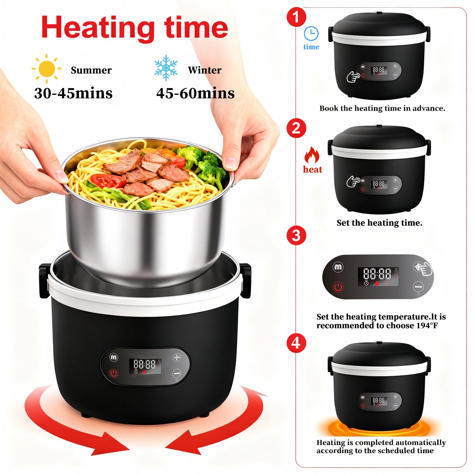 Rechargeable heated lunch box for office workers, with a separate inner liner for insulation, portable, water-free, car-mounted electric lunch box