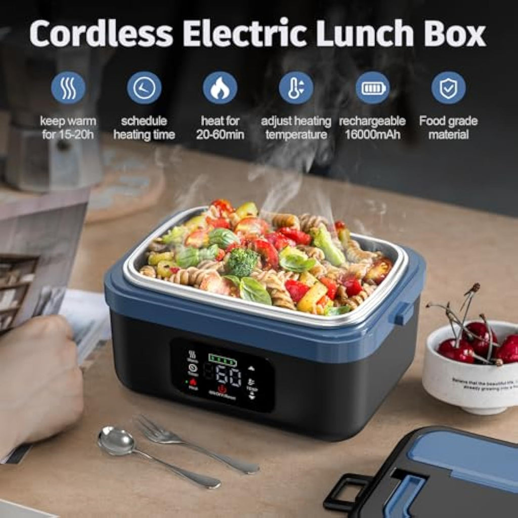 Cordless Electric Lunch Box for Adults, Men & Women, Heated Lunch Box Battery Powered with 1L Container, Self-Heating Lunch Box Rechargeable for Car/Truck/Office/Travel