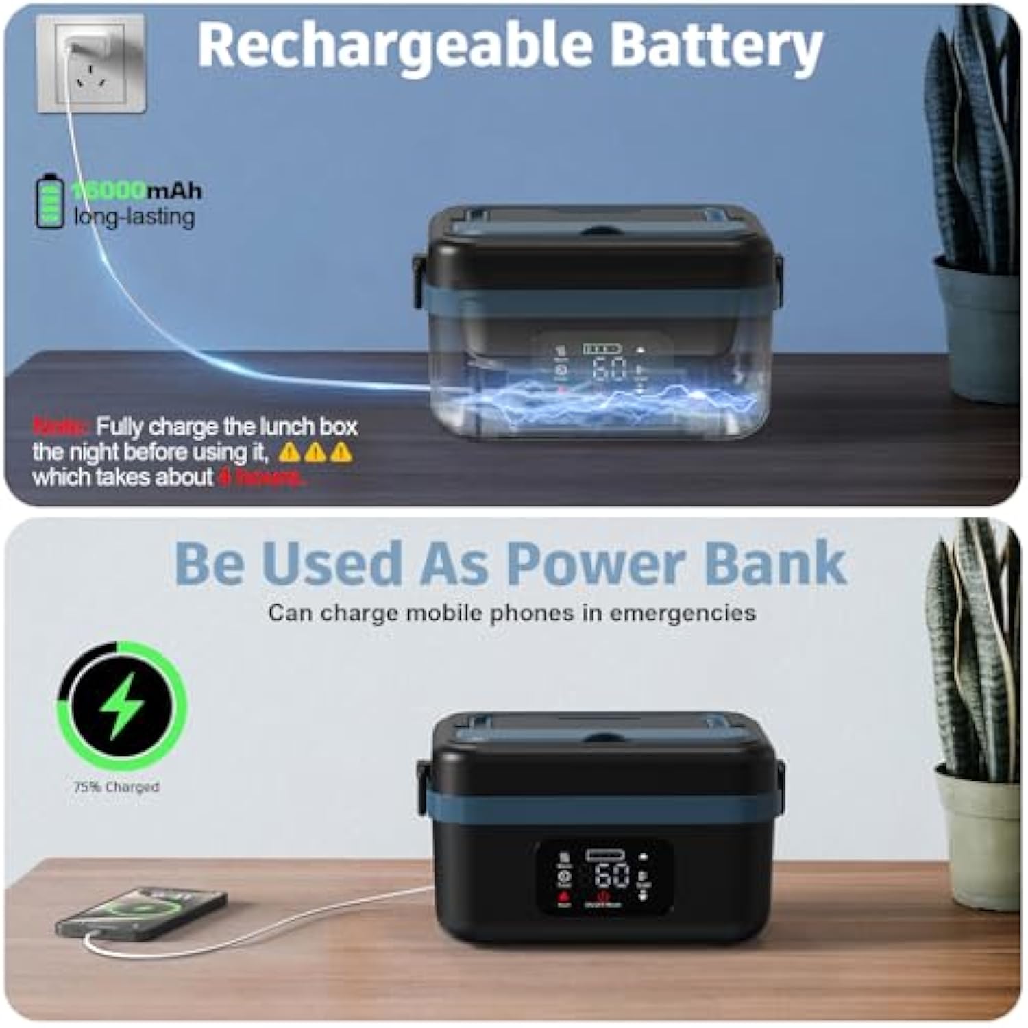 Cordless Electric Lunch Box for Adults, Men & Women, Heated Lunch Box Battery Powered with 1L Container, Self-Heating Lunch Box Rechargeable for Car/Truck/Office/Travel